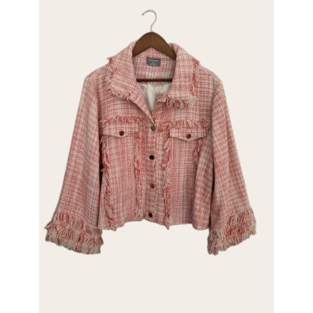 Masseys Women 1X Tweed Fringe Jacket Coral White Houndstooth Button Front Lined